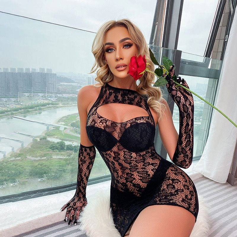 Uwodzicielski Bodystocking z Rękawiczkami