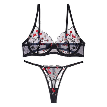 Koronkowy komplet bielizny damskiej z haftem kwiatowym