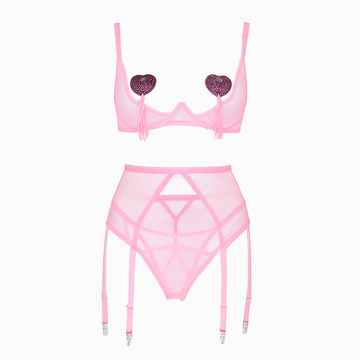 Zmysłowy komplet bielizny damskiej z wycięciami i paskami – różowy