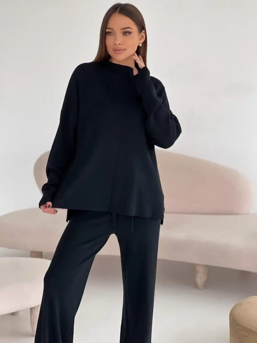 Elegancki damski komplet dzianinowy – sweter o luźnym kroju i spodnie
