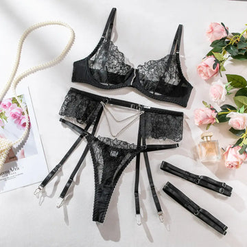 Elegancki komplet bielizny z koronką i diamentowymi akcentami - Black / L - Bielizna damska