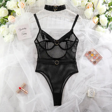 Eleganckie Body z Siateczki z Paskami i Ozdobnym Chokerem - Black / L - Bielizna damska