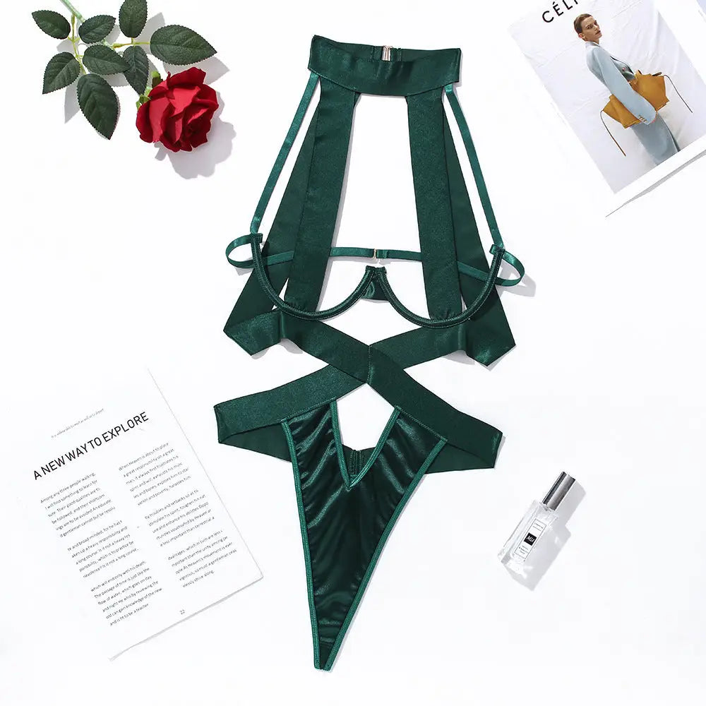Zmysłowe body z paskami i wycięciami - Dark green / L - Bielizna damska