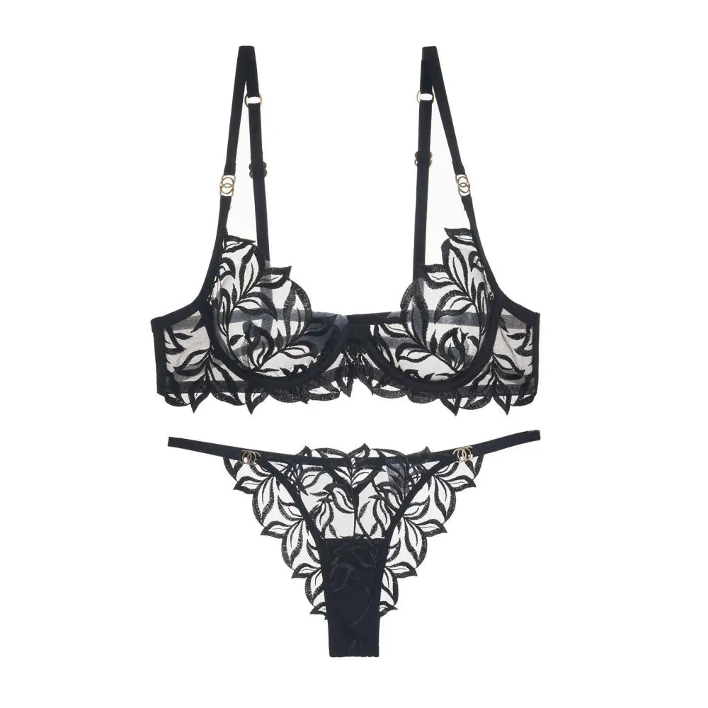 Zmysłowy Komplet Bielizny z Koronkowym Haftem w Liście - Black briefs suit / L - Bielizna damska