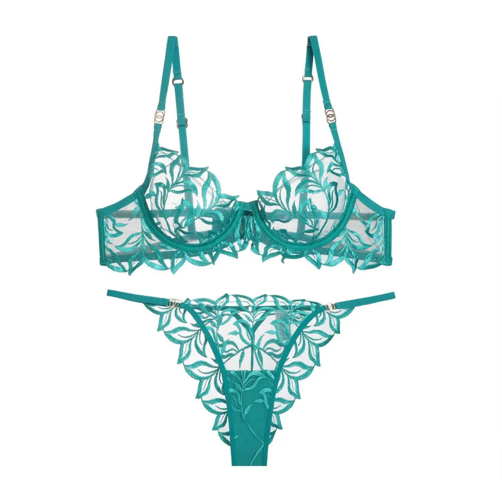 Zmysłowy Komplet Bielizny z Koronkowym Haftem w Liście - Green briefs suit / L - Bielizna damska