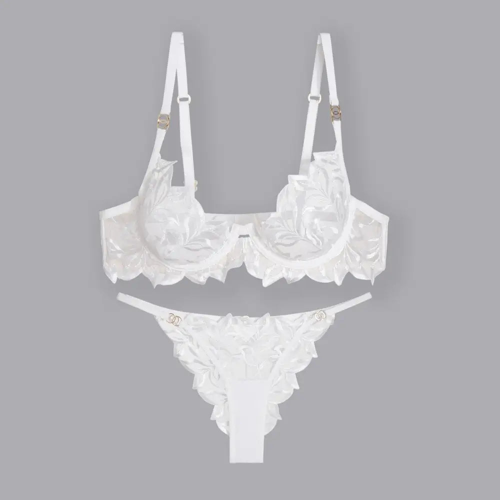 Zmysłowy Komplet Bielizny z Koronkowym Haftem w Liście - White briefs suit / L - Bielizna damska