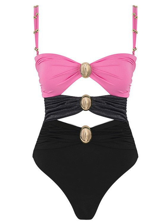 Modny dwuczęściowy kostium kąpielowy z wysokim stanem i ozdobnymi detalami