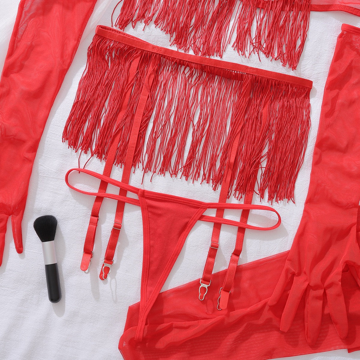 Komplet bielizny damskiej z frędzlami i pończochami