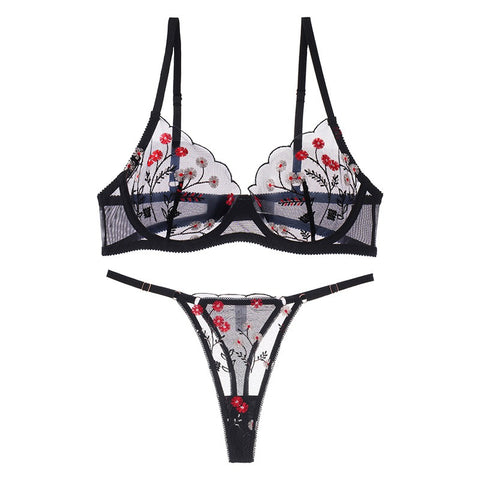 Koronkowy komplet bielizny damskiej z haftem kwiatowym