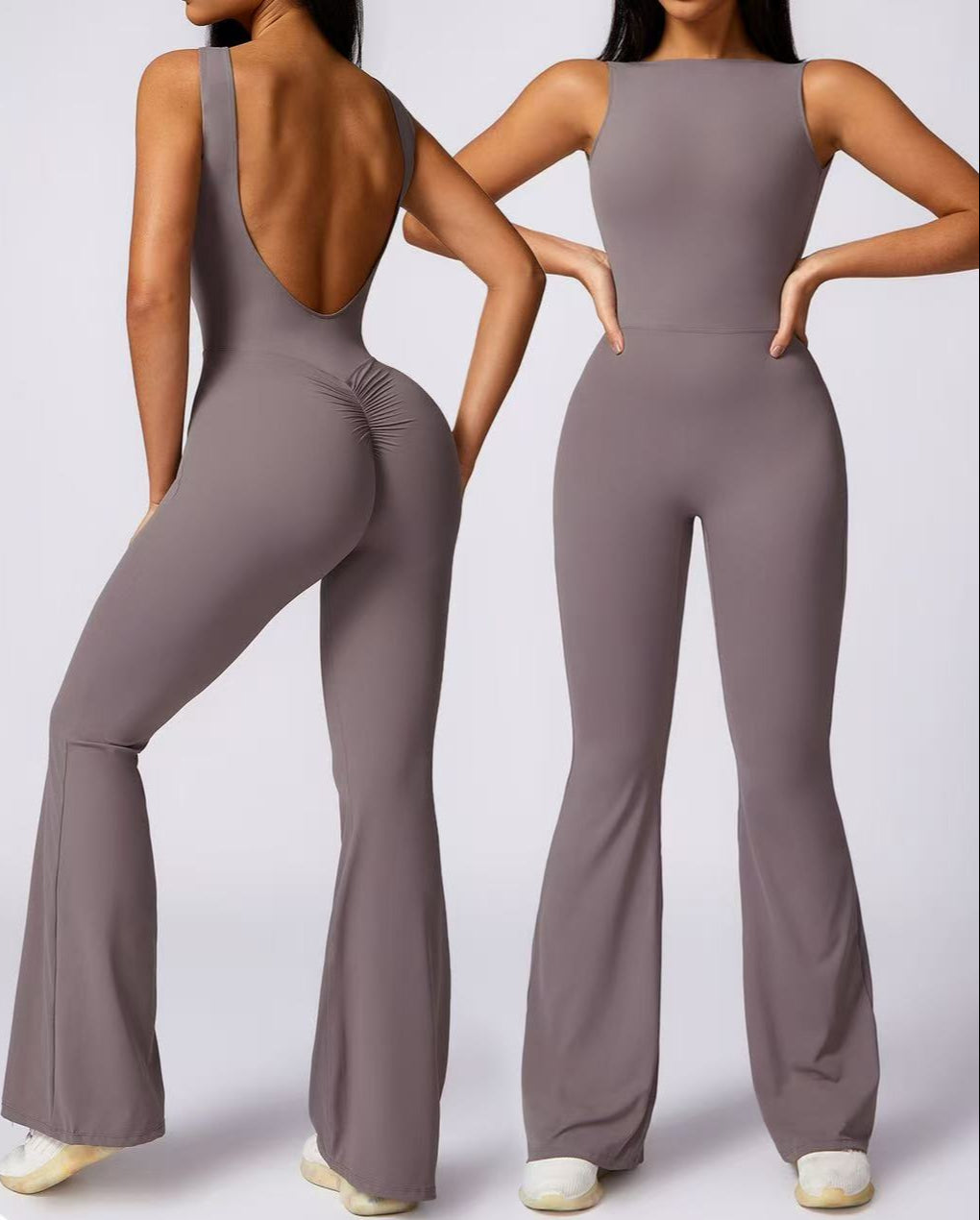 Kombinezon sportowy damski z rozszerzanymi nogawkami i zabudowanym dekoltem