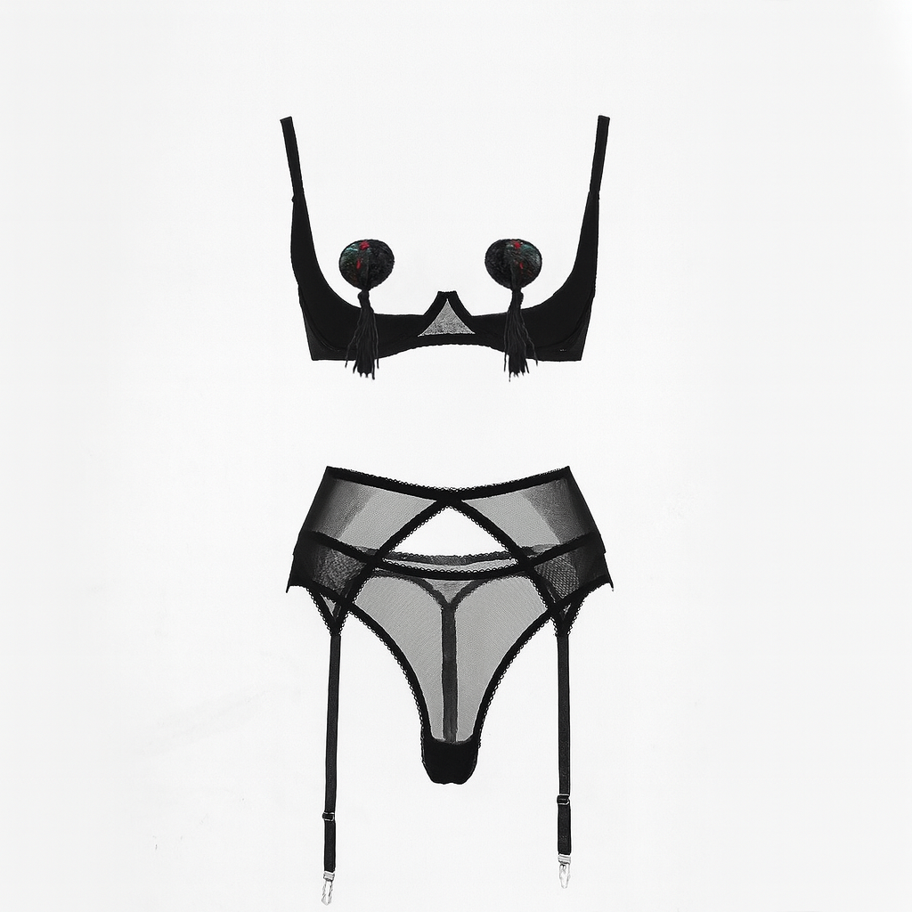 Zmysłowy komplet bielizny damskiej z wycięciami i paskami – różowy