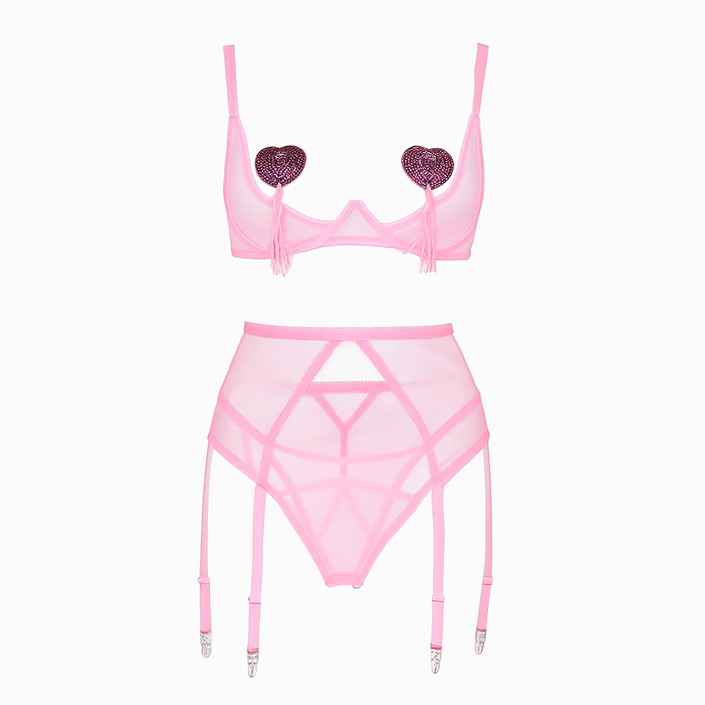 Zmysłowy komplet bielizny damskiej z wycięciami i paskami – różowy