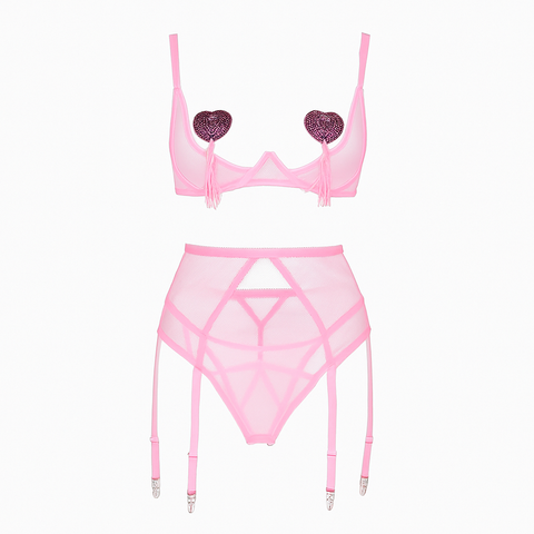 Zmysłowy komplet bielizny damskiej z wycięciami i paskami – różowy