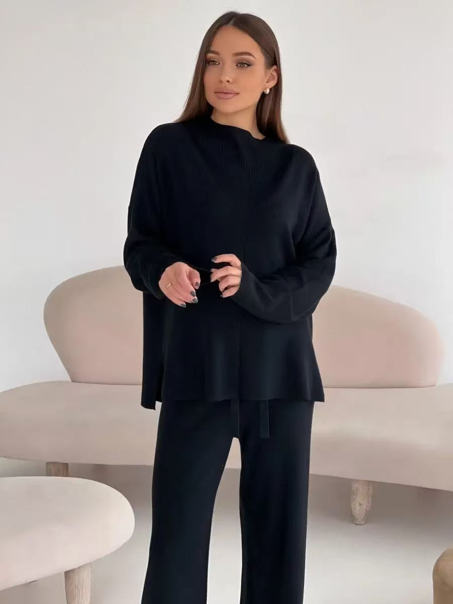 Elegancki damski komplet dzianinowy – sweter o luźnym kroju i spodnie