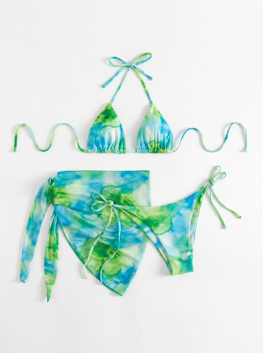 Trzyczęściowy kostium kąpielowy z pareo - bikini trójkątne wiązane