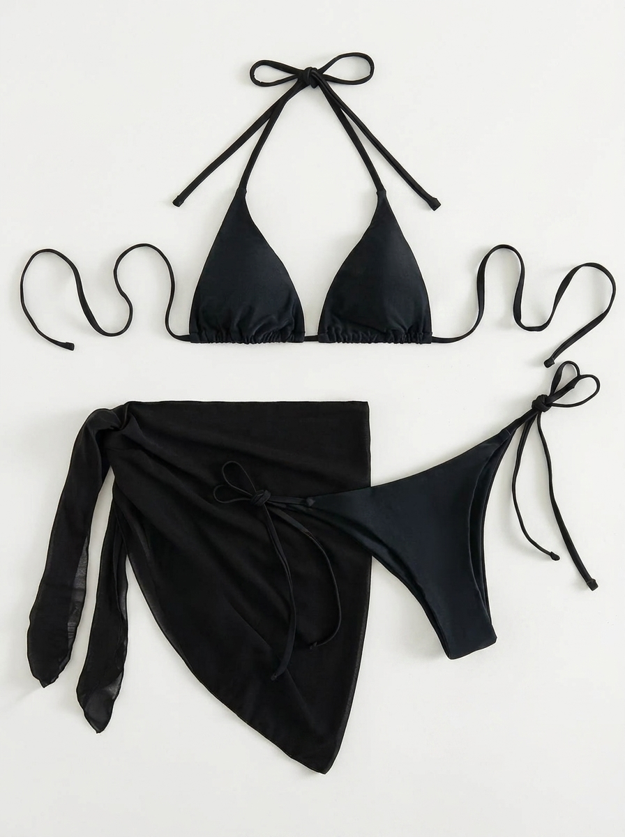 Trzyczęściowy kostium kąpielowy z pareo - bikini trójkątne wiązane
