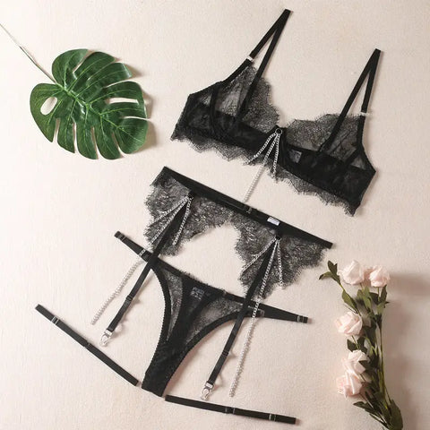 Zmysłowy zestaw koronkowy z błyszczącymi akcentami - Black / L - Bielizna damska